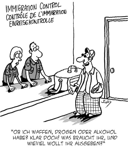 Cartoon: Achtung Kontrolle!! (medium) by Karsten Schley tagged reisen,kontrolle,einreise,kriminalität,polizei,zoll,waffen,drogen,alkohol,verkäufer,geld,gesellschaft,reisen,kontrolle,einreise,kriminalität,polizei,zoll,waffen,drogen,alkohol,verkäufer,geld,gesellschaft