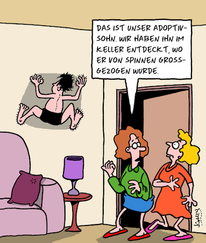 Cartoon: Adoptiert (medium) by Karsten Schley tagged adoption,familien,kinder,jugend,erzeihung,eltern,söhne,tiere,spinnen,insekten,adoption,familien,kinder,jugend,erzeihung,eltern,söhne,tiere,spinnen,insekten