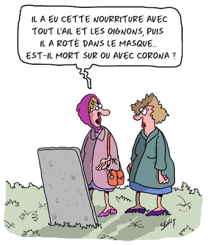 Cartoon: Ail et Masque (medium) by Karsten Schley tagged covid19,alimentation,famille,hommes,femmes,mariage,mort,societe,covid19,alimentation,famille,hommes,femmes,mariage,mort,societe