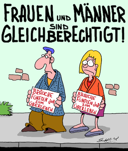 Cartoon: Alle gleich (medium) by Karsten Schley tagged gleichberechtigung,männer,frauen,löhne,gehälter,wirtschaft,jobs,politik,soziales,armut,billiglöhne,lohndumping,subunternehmer,niedriglohnsektor,gleichberechtigung,männer,frauen,löhne,gehälter,wirtschaft,jobs,politik,soziales,armut,billiglöhne,lohndumping,subunternehmer,niedriglohnsektor