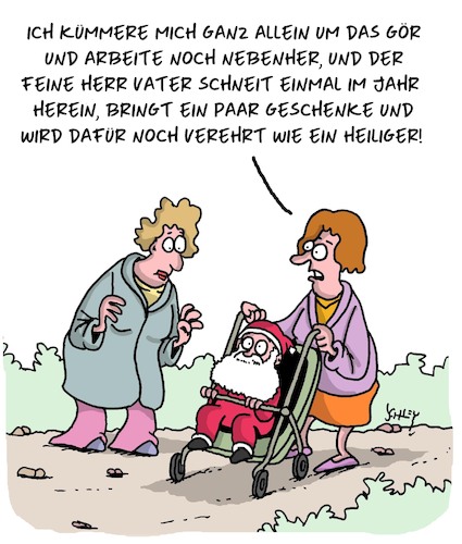 Cartoon: Alleinerziehend (medium) by Karsten Schley tagged mütter,väter,alleinerziehende,kinder,weihnachten,geschenke,sagengestalten,legenden,religion,weihnachtsmann,gesellschaft,mütter,väter,alleinerziehende,kinder,weihnachten,geschenke,sagengestalten,legenden,religion,weihnachtsmann,gesellschaft