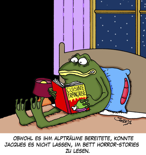 Cartoon: ALPTRAUM! (medium) by Karsten Schley tagged tiere,schlaflosigkeit,frösche,literatur,bücher,alpträume,horror,lesen,unterhaltung,frankreich,ernährung,essen,kochen,tiere,schlaflosigkeit,frösche,literatur,bücher,alpträume,horror,lesen,unterhaltung,frankreich,ernährung,essen,kochen