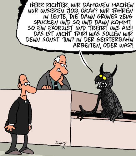 Cartoon: Arbeitsrecht (medium) by Karsten Schley tagged arbeitsrecht,gerichte,richter,gesetze,dämonen,exorzismus,kirche,vatikan,jobsicherheit,arbeitgeber,arbeitnehmer,politik,gesellschaft,arbeitsrecht,gerichte,richter,gesetze,dämonen,exorzismus,kirche,vatikan,jobsicherheit,arbeitgeber,arbeitnehmer,politik,gesellschaft