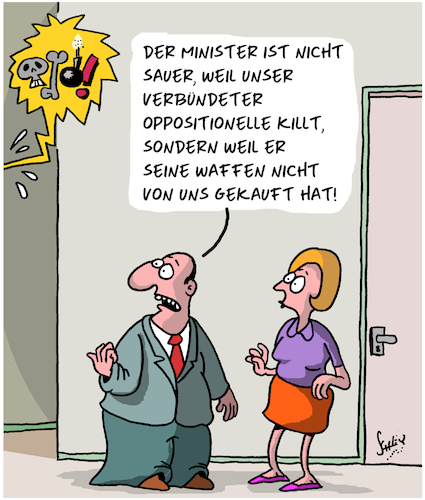 Cartoon: Armer Minister (medium) by Karsten Schley tagged rüstung,rüstungsexporte,demokratie,business,kapitalismus,politik,opposition,militär,industrie,waffen,rüstung,rüstungsexporte,demokratie,business,kapitalismus,politik,opposition,militär,industrie,waffen