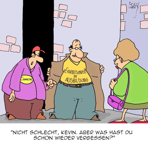 Cartoon: Ausbildung (medium) by Karsten Schley tagged ausbildung,training,coaching,trainer,exhibitionismus,männer,kriminalität,krankheit,gesellschaft,ausbildung,training,coaching,trainer,exhibitionismus,sex,männer,kriminalität,krankheit,gesellschaft