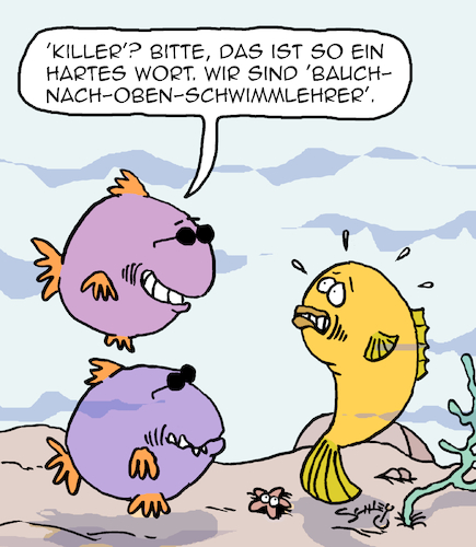 Cartoon: Ausdrucksweise (medium) by Karsten Schley tagged fische,meere,ozeane,gangster,killer,kriminalität,ausdrucksweise,worte,umschreibungen,korrektheit,schönrede,tiere,natur,gesellschaft,fische,meere,ozeane,gangster,killer,kriminalität,ausdrucksweise,worte,umschreibungen,korrektheit,schönrede,tiere,natur,gesellschaft