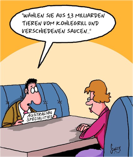 Cartoon: Australische Spezialitäten (medium) by Karsten Schley tagged buschfeuer,tiere,kohle,umweltzerstörung,restaurants,klima,politik,business,industrie,gesellschaft,buschfeuer,tiere,kohle,umweltzerstörung,restaurants,klima,politik,business,industrie,gesellschaft