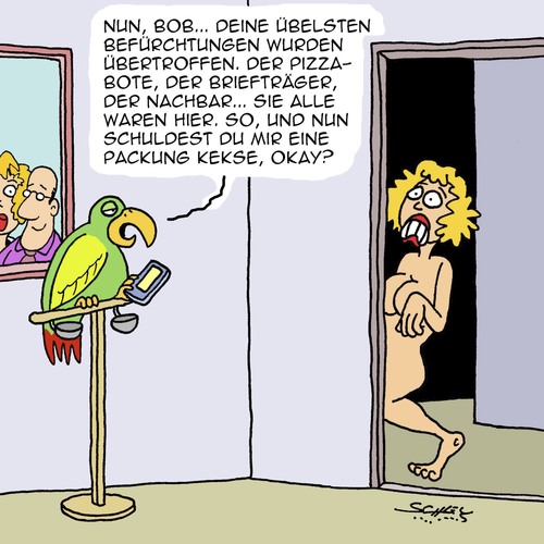 Cartoon: Befürchtungen (medium) by Karsten Schley tagged männer,frauen,beziehungen,seitensprünge,ehe,liebe,betrug,tiere,papageien,kekse,männer,frauen,beziehungen,seitensprünge,ehe,liebe,betrug,tiere,papageien,kekse