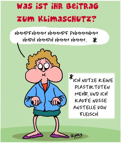 Cartoon: Beitrag zum Klimaschutz (medium) by Karsten Schley tagged klimaschutz,plastik,einkauf,ernährung,fleisch,konsum,verhalten,politik,gesellschaft,klimaschutz,plastik,einkauf,ernährung,fleisch,konsum,verhalten,politik,gesellschaft