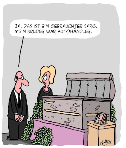 Cartoon: Bestattung (medium) by Karsten Schley tagged bestattungen,tod,familien,wirtschaft,berufe,autos,autohändler,business,gesellschaft,bestattungen,tod,familien,wirtschaft,berufe,autos,autohändler,business,gesellschaft