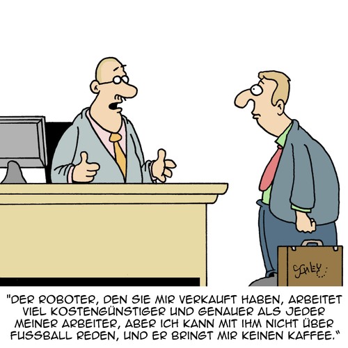 Cartoon: Billiger (medium) by Karsten Schley tagged arbeit,arbeitgeber,arbeitnehmer,wirtschaft,business,automation,roboter,fussball,kosten,gehälter,arbeit,arbeitgeber,arbeitnehmer,wirtschaft,business,automation,roboter,fussball,kosten,gehälter