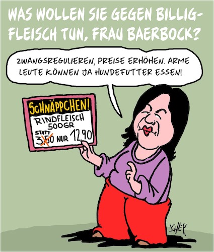 Cartoon: Billigfleisch (medium) by Karsten Schley tagged wahlen,grüne,fleisch,baerbock,staatswirtschaft,regulierungen,verbote,freiheit,demokratie,gesellschaft,deutschland,wahlen,grüne,fleisch,baerbock,staatswirtschaft,regulierungen,verbote,freiheit,demokratie,gesellschaft,deutschland