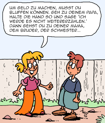 Cartoon: Bluff (medium) by Karsten Schley tagged kinder,geld,eltern,familie,bluff,erpressung,gewissen,spekulation,gesellschaft,kinder,geld,eltern,familie,bluff,erpressung,gewissen,spekulation,gesellschaft