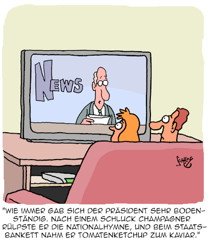 Cartoon: Bodenständig (medium) by Karsten Schley tagged staatsbesuche,staatsbanketts,benehmen,bodenständigkeit,politik,politiker,umgangsformen,protokolle,medien,gesellschaft,staatsbesuche,staatsbanketts,benehmen,bodenständigkeit,politik,politiker,umgangsformen,protokolle,medien,gesellschaft