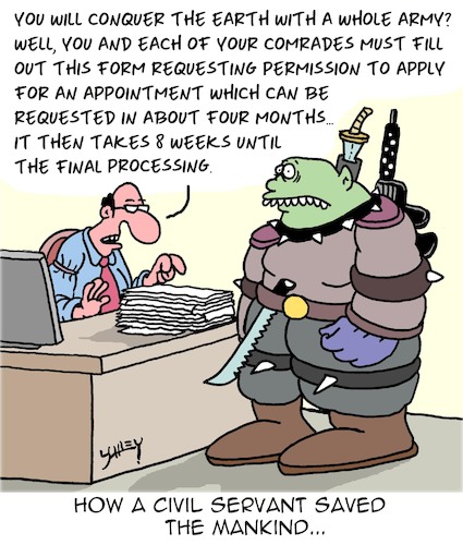 Cartoon: Civil Servants (medium) by Karsten Schley tagged authorities,civil,servants,rules,politics,government,aliens,science,fiction,forms,applications,bureaucracy,mankind,authorities,civil,servants,rules,politics,government,aliens,science,fiction,forms,applications,bureaucracy,mankind