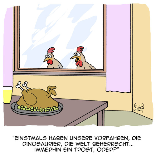 Cartoon: Damals war alles besser! (medium) by Karsten Schley tagged natur,geschichte,ernährung,tiere,vorzeit,dinosaurier,hühner,essen,natur,geschichte,ernährung,tiere,vorzeit,dinosaurier,hühner,essen