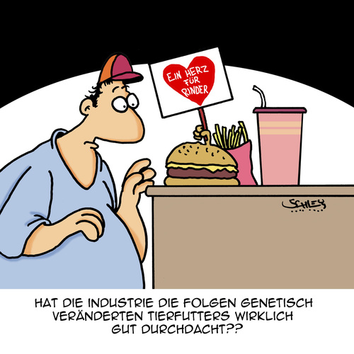 Cartoon: Denkt nach! (medium) by Karsten Schley tagged fastfood,nahrungsmittel,industrie,wirtschaft,business,genetik,wissenschaft,tiere,menschen,gesundheit,fastfood,nahrungsmittel,industrie,wirtschaft,business,genetik,wissenschaft,tiere,menschen,gesundheit