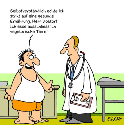 Cartoon: Diät (medium) by Karsten Schley tagged gesundheit,gesellschaft,diät,ernährung,gesundheit,gesellschaft,diät,ernährung,gewicht,krank,krankheit,arzt,ärzte,patient,essen,übergewicht,vegetarisch,tiere,tier,fleisch