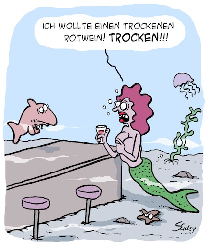 Cartoon: Die Meerjungfrau an der Bar (medium) by Karsten Schley tagged meerjungfrauen,bars,bistros,gastronomie,wein,literatur,filme,märchen,kundenservice,business,meerjungfrauen,bars,bistros,gastronomie,wein,literatur,filme,märchen,kundenservice,business