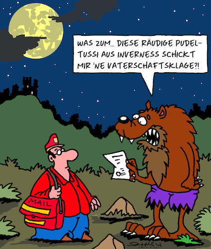 Cartoon: Die Post ist da (medium) by Karsten Schley tagged werwölfe,schottland,vaterschaft,kinder,mütter,klagen,gerichte,justiz,briefzustellung,post,highlands,mythen,literatur,filme,werwölfe,schottland,vaterschaft,kinder,mütter,klagen,gerichte,justiz,briefzustellung,post,highlands,mythen,literatur,filme