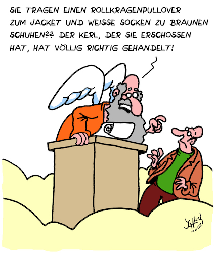 Cartoon: Dress Code (medium) by Karsten Schley tagged kriminalität,tod,paradies,religion,mode,männermode,business,dress,code,gesellschaft,kriminalität,tod,paradies,religion,mode,männermode,business,dress,code,gesellschaft