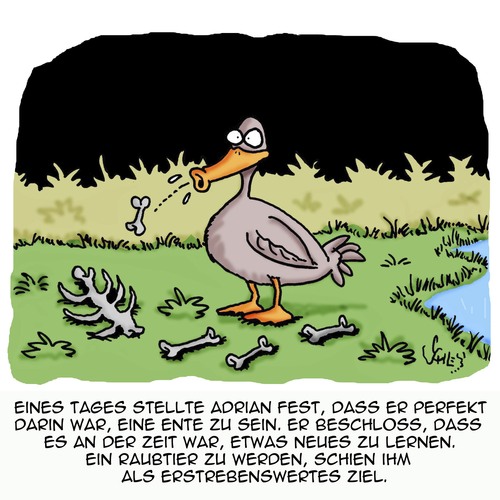 Cartoon: Ein neues Ziel (medium) by Karsten Schley tagged natur,tiere,enten,raubtiere,lernen,bildung,ausbildung,natur,tiere,enten,raubtiere,lernen,bildung,ausbildung