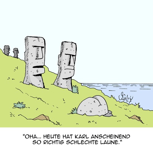 Cartoon: Eine Laune hat der wieder... (medium) by Karsten Schley tagged psychologie,gemüt,laune,einstellung,geschichte,historisches,osterinseln,gefühl,psychologie,gemüt,laune,einstellung,geschichte,historisches,osterinseln,gefühl