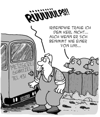 Cartoon: Einer von uns (medium) by Karsten Schley tagged ernährung,tiere,fleisch,metzger,schweine,benehmen,gesellschaft,ernährung,tiere,fleisch,metzger,schweine,benehmen,gesellschaft