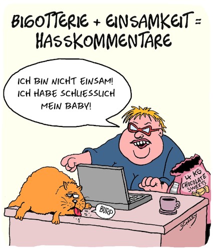 Cartoon: Einsamkeit (medium) by Karsten Schley tagged einsamkeit,fettleibigkeit,bigotterie,engstirnigkeit,facebook,hass,kommentare,verbitterung,katzen,gesellschaft,soziales,medien,einsamkeit,fettleibigkeit,bigotterie,engstirnigkeit,facebook,hass,kommentare,verbitterung,katzen,gesellschaft,soziales,medien