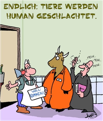 Cartoon: Endlich (medium) by Karsten Schley tagged tiere,zucht,schlachttiere,tierhaltung,fleisch,ernährung,gesundheit,natur,tierschutz,humanität,gesellschaft,tiere,zucht,schlachttiere,tierhaltung,fleisch,ernährung,gesundheit,natur,tierschutz,humanität,gesellschaft