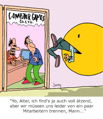 Cartoon: Entlassungen (medium) by Karsten Schley tagged computerspiele,onlinefirmen,medien,personalabbau,technik,wirtschaft,umsätze,business,arbeitgeber,arbeitnehmer,gesellschaft,computerspiele,onlinefirmen,medien,personalabbau,technik,wirtschaft,umsätze,business,arbeitgeber,arbeitnehmer,gesellschaft