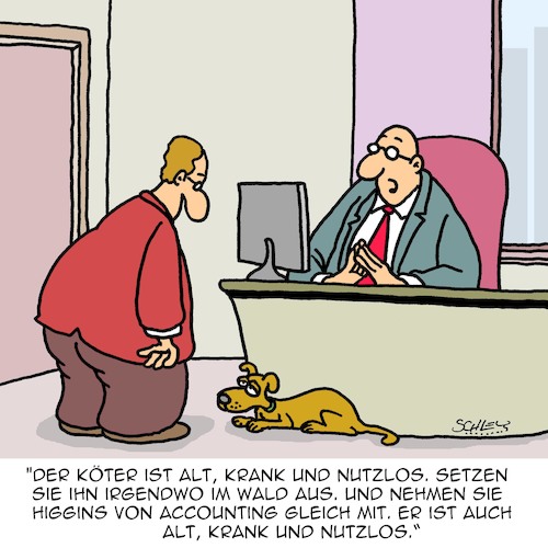 Cartoon: Entsorgung (medium) by Karsten Schley tagged arbeitgeber,arbeitnehmer,alter,gesundheit,ethik,gesellschaft,büro,industrie,wirtschaft,business,tiere,hunde,arbeitgeber,arbeitnehmer,alter,gesundheit,ethik,gesellschaft,büro,industrie,wirtschaft,business,tiere,hunde