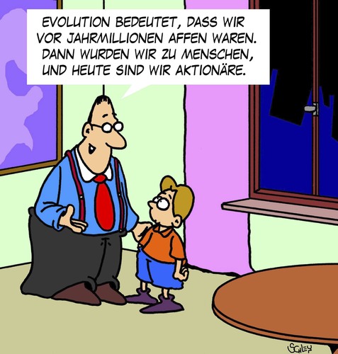 Cartoon: Entwicklung (medium) by Karsten Schley tagged aktien,aktionäre,geld,wirtschaft,business,investments,menschen,menschheit,evolution,aktien,aktionäre,geld,wirtschaft,business,investments,menschen,menschheit,evolution