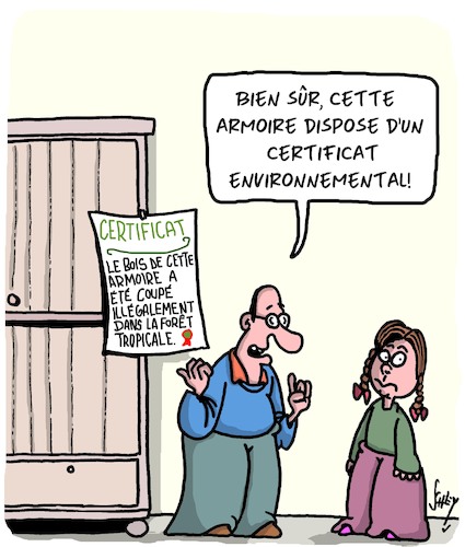 Cartoon: Environnement (medium) by Karsten Schley tagged certificats,forets,environnement,bois,tropical,mobilier,societe,economie,politique,certificats,forets,environnement,bois,tropical,mobilier,societe,economie,politique