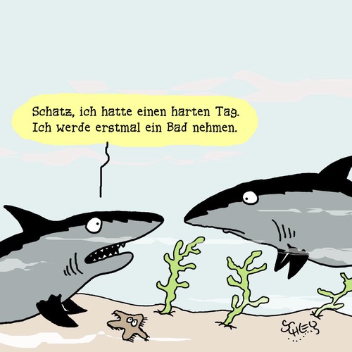 Cartoon: Erholung (medium) by Karsten Schley tagged beziehungen,liebe,arbeit,wirtschaft,business,arbeitgeber,arbeitnehmer,feierabend,stress,stressbewältigung,natur,tiere,fische,haie,beziehungen,liebe,arbeit,wirtschaft,business,arbeitgeber,arbeitnehmer,feierabend,stress,stressbewältigung,natur,tiere,fische,haie