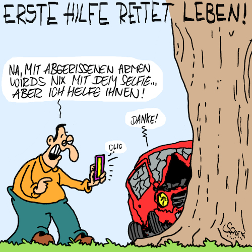 Cartoon: Erste Hilfe (medium) by Karsten Schley tagged gesundheit,unfälle,autos,verkehr,mobiltelefone,selfies,erste,hilfe,leben,technik,soziales,gesellschaft,mode,deutschland,gesundheit,unfälle,autos,verkehr,mobiltelefone,selfies,erste,hilfe,leben,technik,soziales,gesellschaft,mode,deutschland