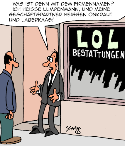 Cartoon: Firmenname (medium) by Karsten Schley tagged wirtschaft,bestattungsinstitute,business,firmennamen,leben,tod,pietät,psychologie,gesellschaft,wirtschaft,bestattungsinstitute,business,firmennamen,leben,tod,pietät,psychologie,gesellschaft