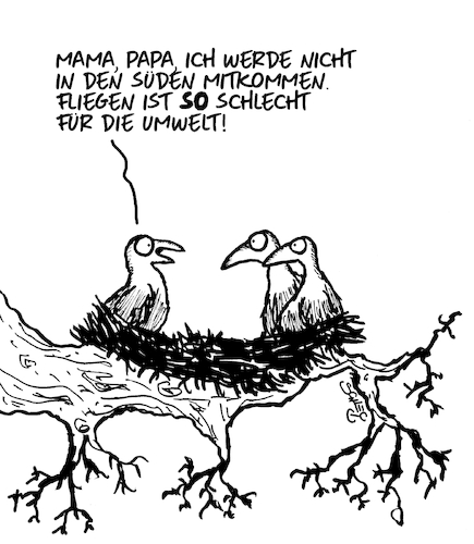 Cartoon: Fliegen (medium) by Karsten Schley tagged fliegen,flugscham,politik,umweltschutz,klima,vögel,zugvögel,migration,überwinterung,süden,temperaturen,jahreszeiten,natur,fliegen,flugscham,politik,umweltschutz,klima,vögel,zugvögel,migration,überwinterung,süden,temperaturen,jahreszeiten,natur