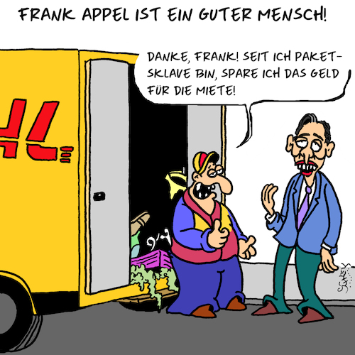 Cartoon: Frank Appel (medium) by Karsten Schley tagged post,dumpinglöhne,lohnsklaven,ausbeutung,spekulanten,profit,kapitalismus,gewinne,aktien,gesellschaft,privatisierung,paketdienst,dhl,transport,business,deutschland,wirtschaft,post,dumpinglöhne,lohnsklaven,ausbeutung,spekulanten,profit,kapitalismus,gewinne,aktien,gesellschaft,privatisierung,paketdienst,dhl,transport,business,deutschland,wirtschaft