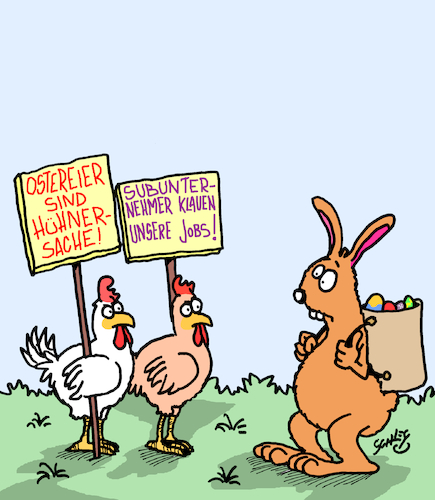 Cartoon: Frohe Ostern (medium) by Karsten Schley tagged ostern,osterhasen,ostereier,subunternehmer,hühner,jobs,religion,christentum,bibel,gesellschaft,ostern,osterhasen,ostereier,subunternehmer,hühner,jobs,religion,christentum,bibel,gesellschaft