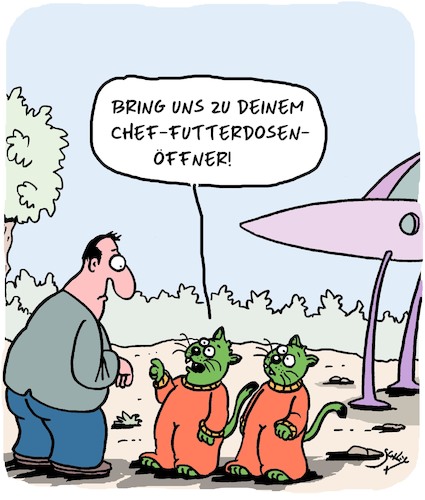 Cartoon: Für die Katz (medium) by Karsten Schley tagged katzen,aliens,weltraumreisen,ufos,katzenfutter,tiere,gesellschaft,katzen,aliens,weltraumreisen,ufos,katzenfutter,tiere,gesellschaft