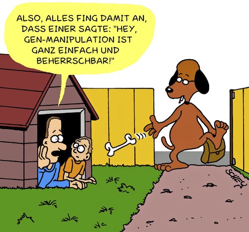 Cartoon: Genetik (medium) by Karsten Schley tagged genforschung,genmanipulation,genetik,wissenschaft,forschung,gesundheit,gene,gesellschaft,tiere,haustiere,hunde,tierversuche,medizin,genforschung,genmanipulation,genetik,wissenschaft,forschung,gesundheit,gesellschaft,haustiere,tierversuche