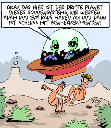 Cartoon: Genetik (medium) by Karsten Schley tagged adam,und,eva,genetik,aliens,geschichte,religion,mythen,legenden,menschheit,gesellschaft,adam,und,eva,genetik,aliens,geschichte,religion,mythen,legenden,menschheit,gesellschaft