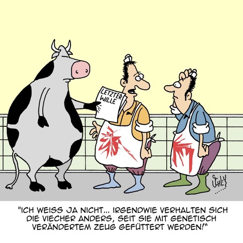 Cartoon: Genetik ist voll ungefährlich! (medium) by Karsten Schley tagged wissenschaft,ernährung,nahrungsmittelindustrie,genetik,tiere,tierfutter,nutzvieh,landwirtschaft,gesellschaft,forschung,wissenschaft,ernährung,nahrungsmittelindustrie,genetik,tiere,tierfutter,nutzvieh,landwirtschaft,gesellschaft,forschung