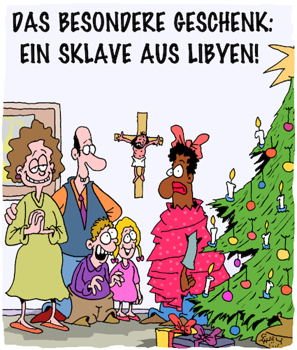 Cartoon: Geschenkt (medium) by Karsten Schley tagged libyen,sklavenhandel,afrika,europa,flüchtlinge,krieg,terror,armut,wirtschaft,eu,grenzen,gesellschaft,politik,libyen,sklavenhandel,afrika,europa,flüchtlinge,krieg,terror,armut,wirtschaft,eu,grenzen,gesellschaft,politik