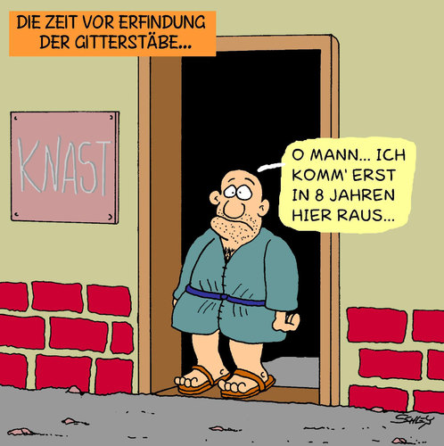 Cartoon: Gitterstäbe (medium) by Karsten Schley tagged wissenschaft,erfindungen,fortschritt,technik,kriminalität,justiz,strafvollzug,geschichte,wissenschaft,fortschritt,technik,kriminalität,justiz,strafvollzug,geschichte