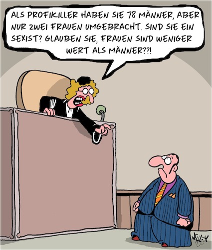 Cartoon: Gleichberechtigung (medium) by Karsten Schley tagged männer,frauen,jobs,kriminalität,tod,gerichte,justiz,gleichberechtigung,politik,männer,frauen,jobs,kriminalität,tod,gerichte,justiz,gleichberechtigung,politik