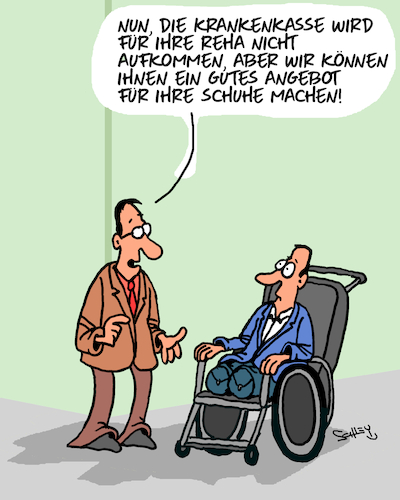 Cartoon: Gutes Angebot (medium) by Karsten Schley tagged krankenversicherung,krankenkassenbeiträge,reha,erstattung,geld,angebot,gesundheit,gesundheitskosten,behinderung,profit,politik,gesellschaft,krankenversicherung,krankenkassenbeiträge,reha,erstattung,geld,angebot,gesundheit,gesundheitskosten,behinderung,profit,politik,gesellschaft