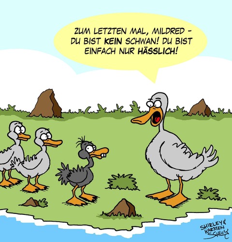 Cartoon: Hässlich (medium) by Karsten Schley tagged schönheit,familie,kinder,eltern,kindheit,jugend,tiere,enten,märchen,märchen,enten,tiere,jugend,kindheit,eltern,kinder,familie,schönheit