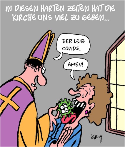 Cartoon: Harte Zeiten (medium) by Karsten Schley tagged kirche,christentum,corona,glaube,aberglaube,ansteckung,wissenschaft,gesellschaft,kirche,christentum,corona,glaube,aberglaube,ansteckung,wissenschaft,gesellschaft